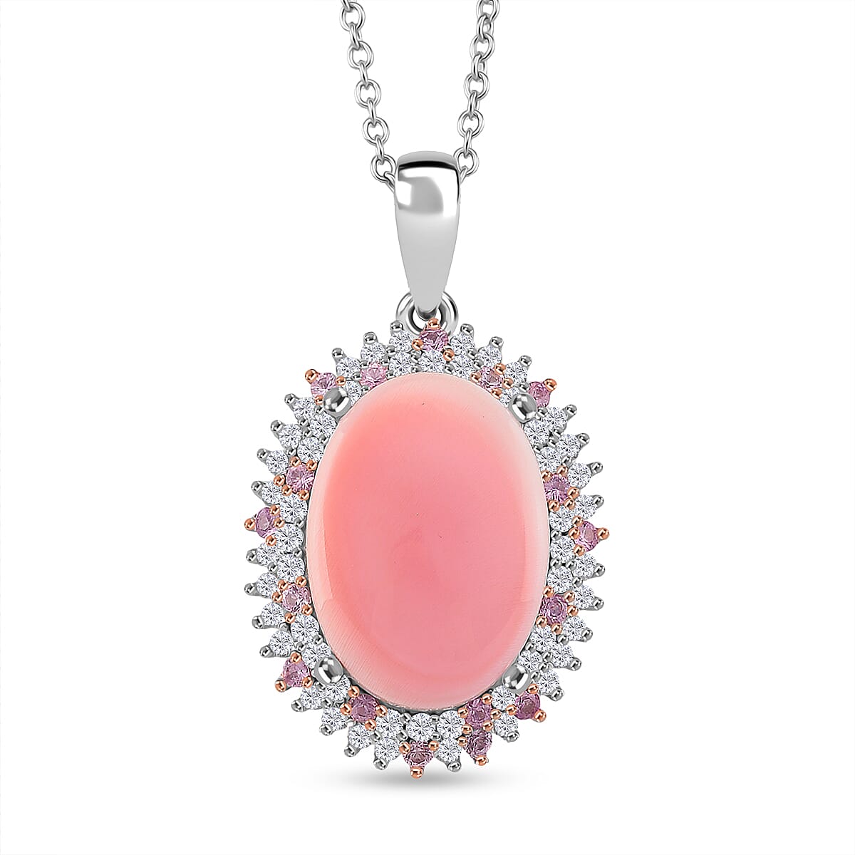 Pink Conch Shell, White Zircon and Pink Sapphire Halo Pendant with Chain (Size 18) in Rose Gold Plated Rhodium Overlay Sterling Silver 10.79 Ct 4395472 0