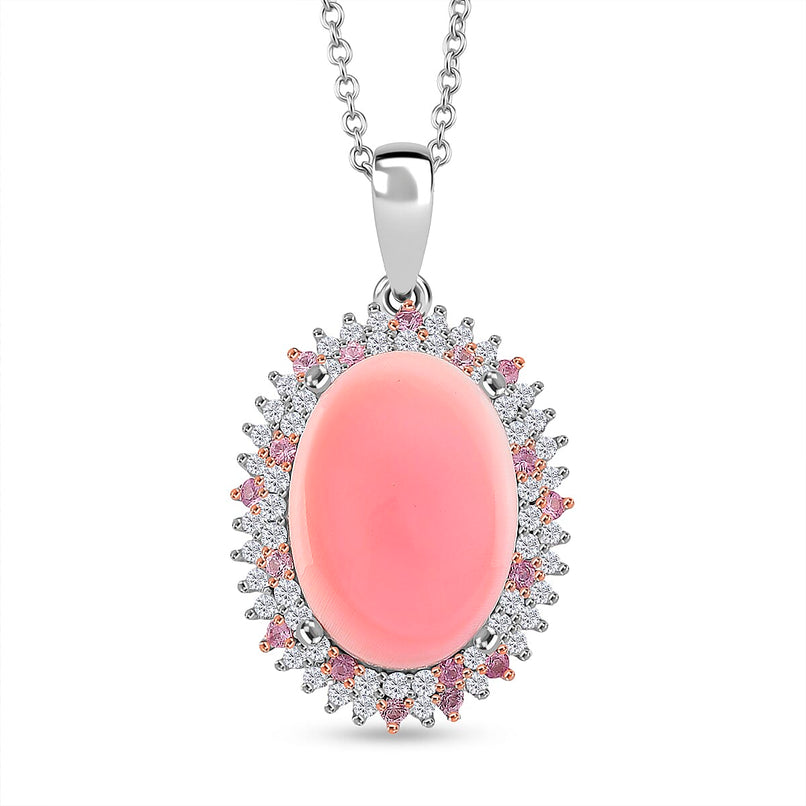Pink Conch Shell, White Zircon and Pink Sapphire Halo Pendant with Chain (Size 18) in Rose Gold Plated Rhodium Overlay Sterling Silver 10.79 Ct