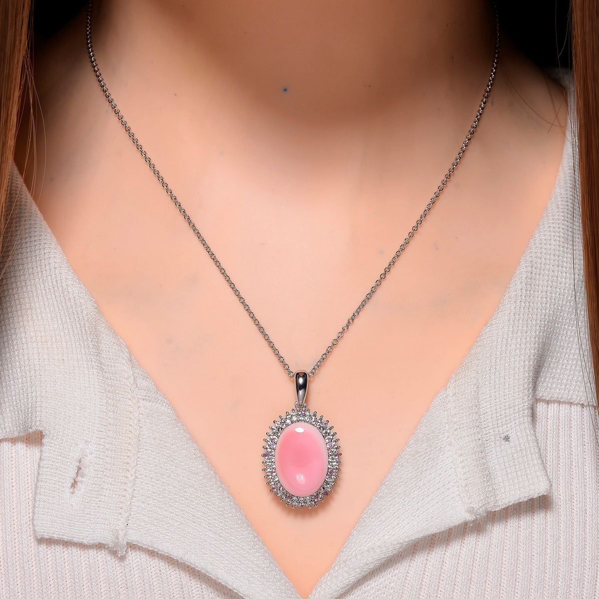 Pink Conch Shell, White Zircon and Pink Sapphire Halo Pendant with Chain (Size 18) in Rose Gold Plated Rhodium Overlay Sterling Silver 10.79 Ct 4395472 2