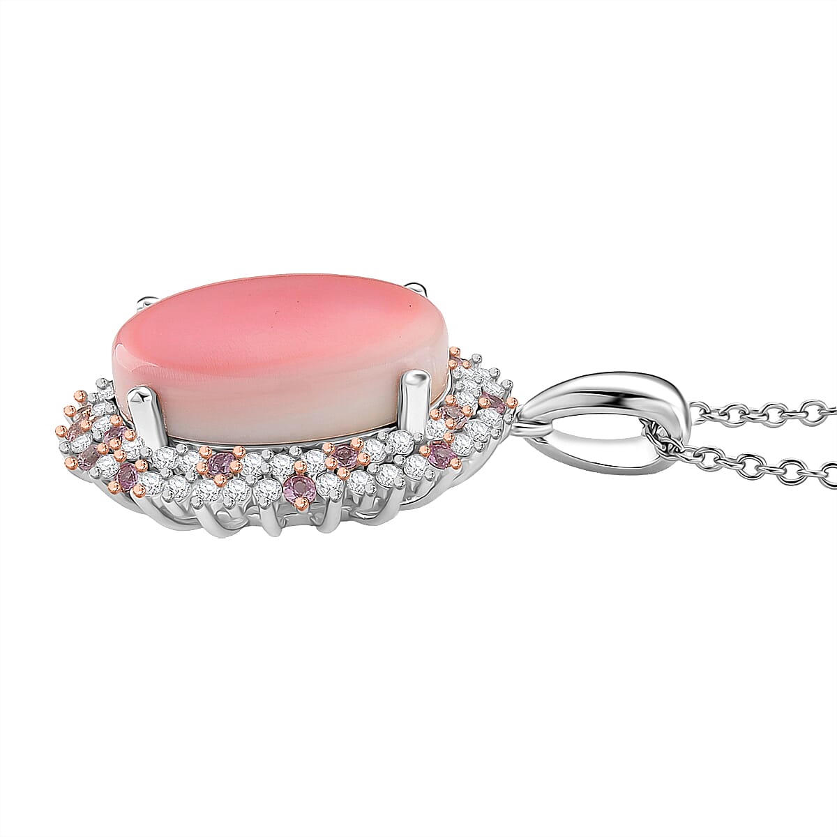 Pink Conch Shell, White Zircon and Pink Sapphire Halo Pendant with Chain (Size 18) in Rose Gold Plated Rhodium Overlay Sterling Silver 10.79 Ct 4395472 3