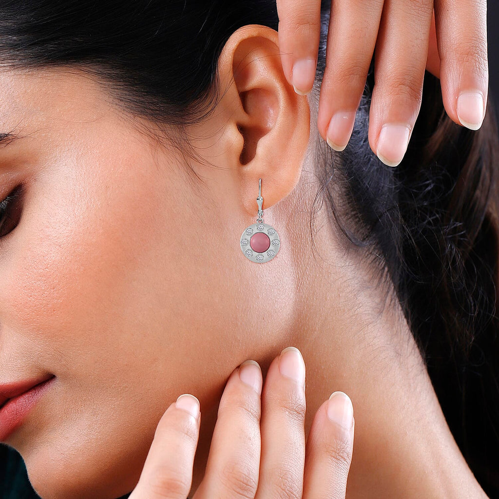 Queen Conch Shell & Zircon Solitaire Lever Back Earring in Rhodium Overlay Sterling Silver 4.64 Ct.