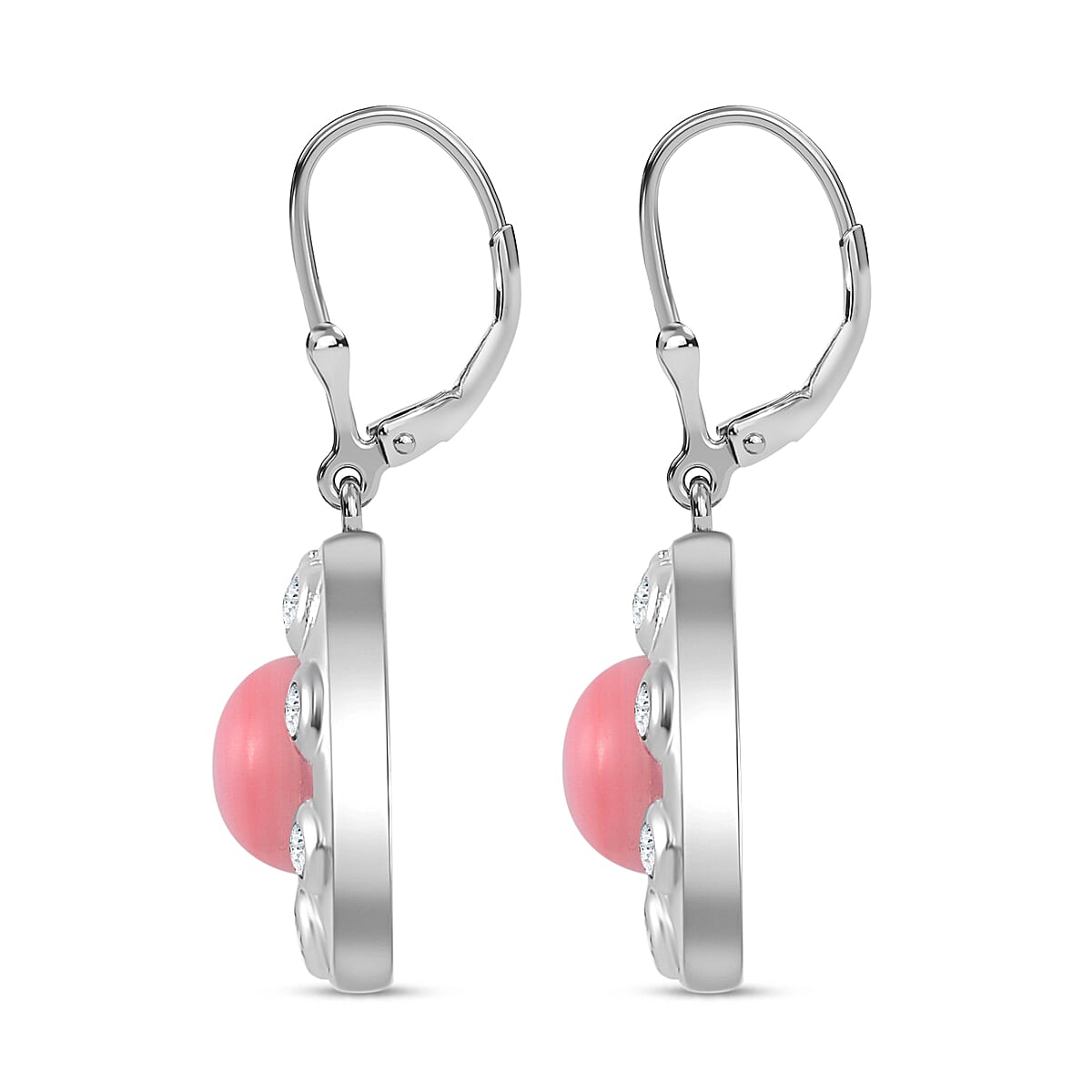 Pink Conch Shell, White Zircon Lever Back Earrings in Rhodium Overlay Sterling Silver, Silver Wt. 5 Gms 4.640 Ct. 7802280 5