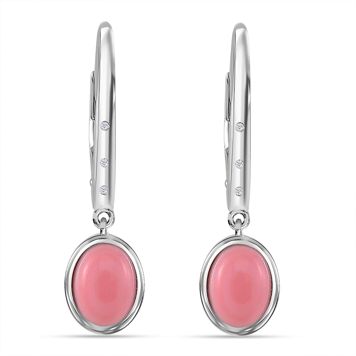 Pink Conch Shell, White Zircon  Solitaire Lever Back Earrings in Rhodium Overlay Sterling Silver, 3.120  Ct. 7803100 0