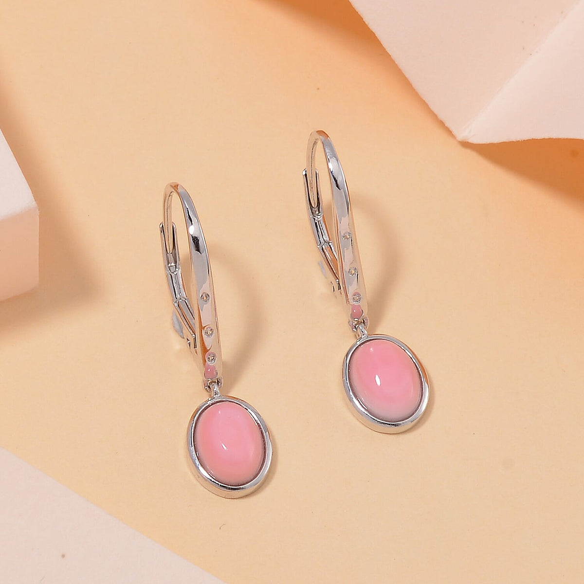 Pink Conch Shell, White Zircon  Solitaire Lever Back Earrings in Rhodium Overlay Sterling Silver, 3.120  Ct. 7803100 2