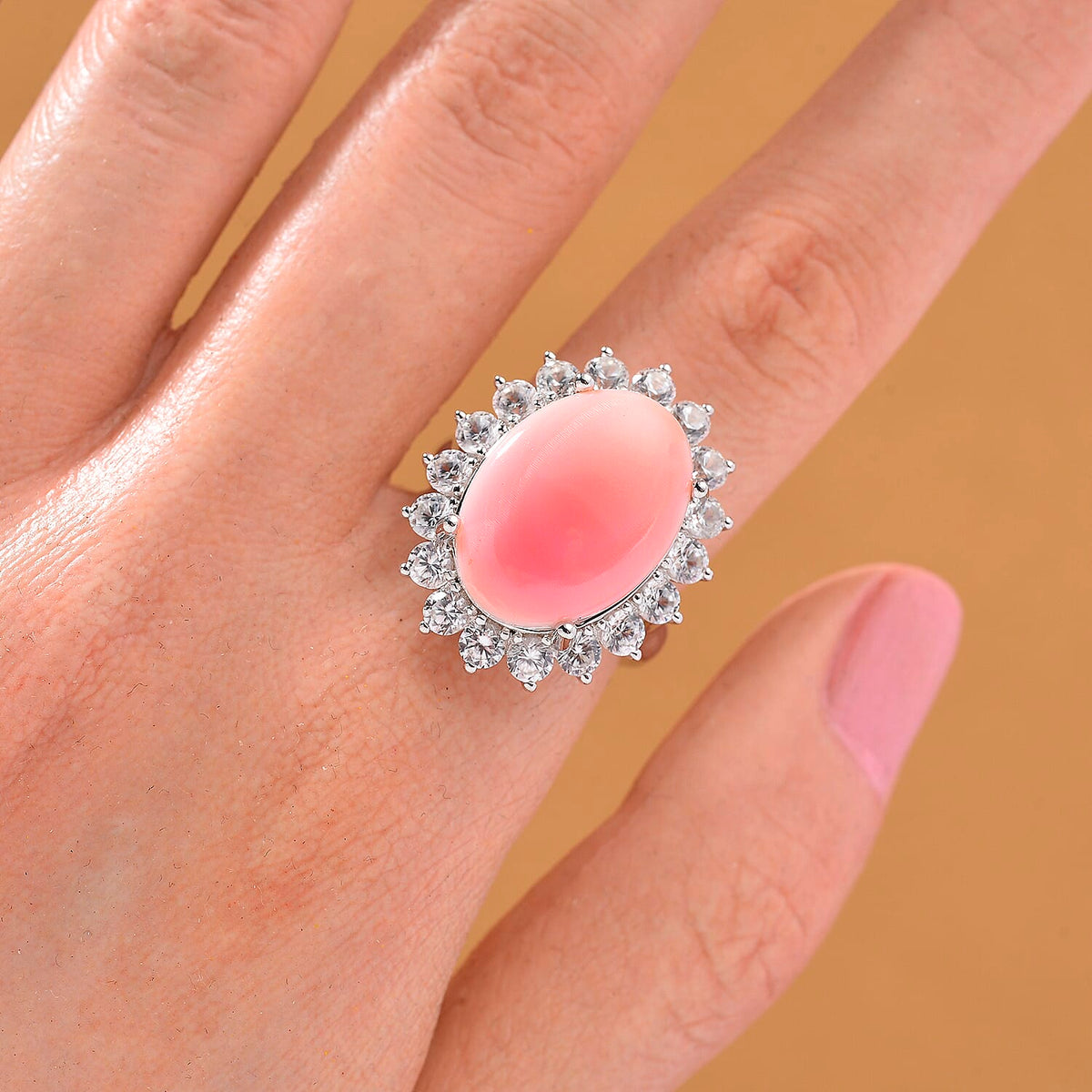Pink Conch Shell and White Zircon Halo Ring in Rhodium Overlay Sterling Silver 11.30 Ct. 8186942 2