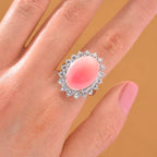 Queen Conch Shell & White Zircon Solitaire Ring in Rhodium Overlay Sterling Silver 11.30 Ct, Silver Wt. 6.80 Gms.