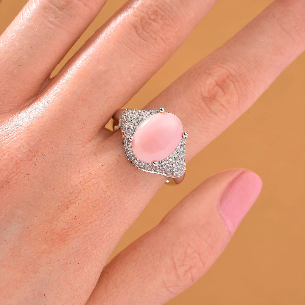 Queen Conch Shell & White Zircon Ring in Rhodium Overlay Sterling Silver 5.80 Ct, Silver Wt. 5.40 Gms.