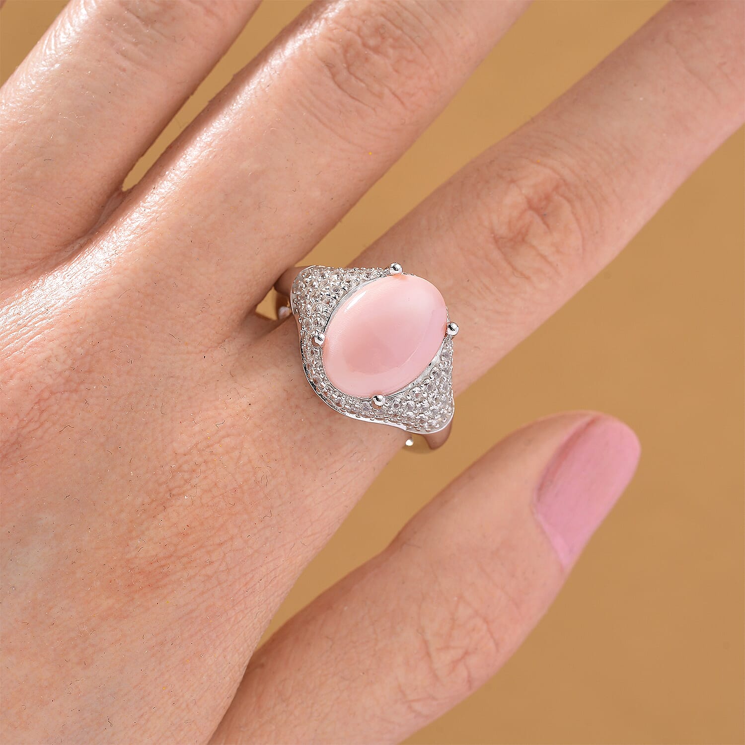 D'Joy Pink Conch Shell and White Zircon Ring in Rhodium Overlay Sterling Silver 5.80 Ct. 8187177 2