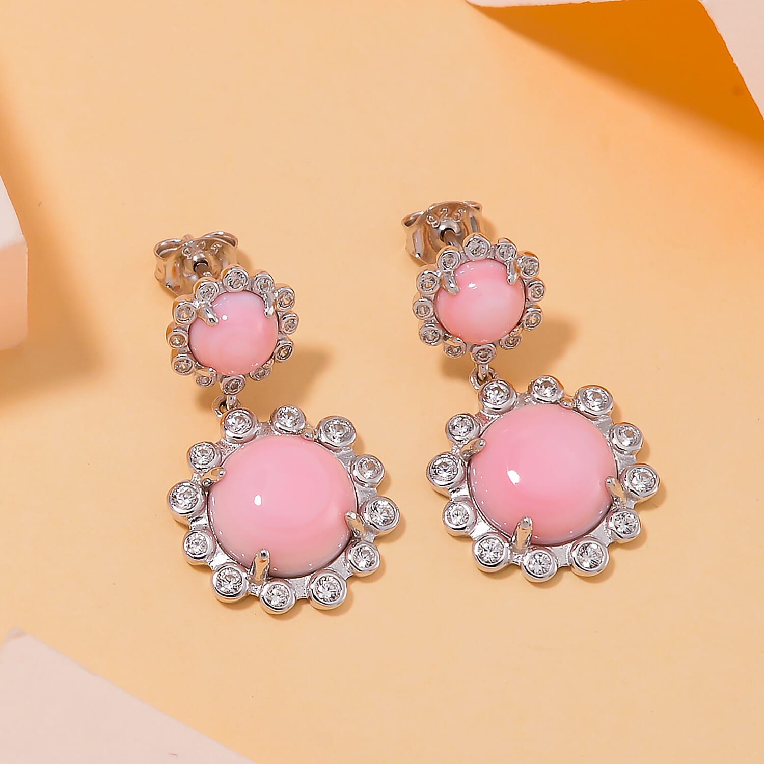 Pink Conch Shell , White Zircon Dangle Push Post Earrings in Rhodium Overlay Sterling Silver, 11.220 Ct. 7803814 2