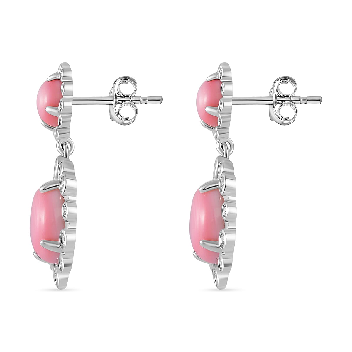 Pink Conch Shell , White Zircon Dangle Push Post Earrings in Rhodium Overlay Sterling Silver, 11.220 Ct. 7803814 4