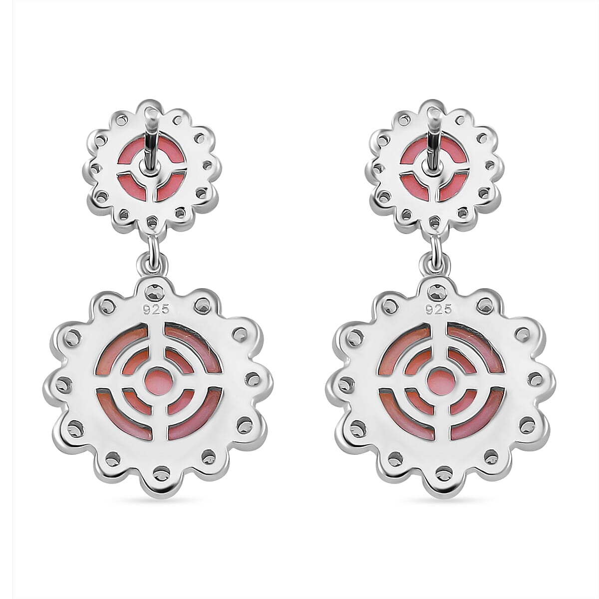 Pink Conch Shell , White Zircon Dangle Push Post Earrings in Rhodium Overlay Sterling Silver, 11.220 Ct. 7803814 5