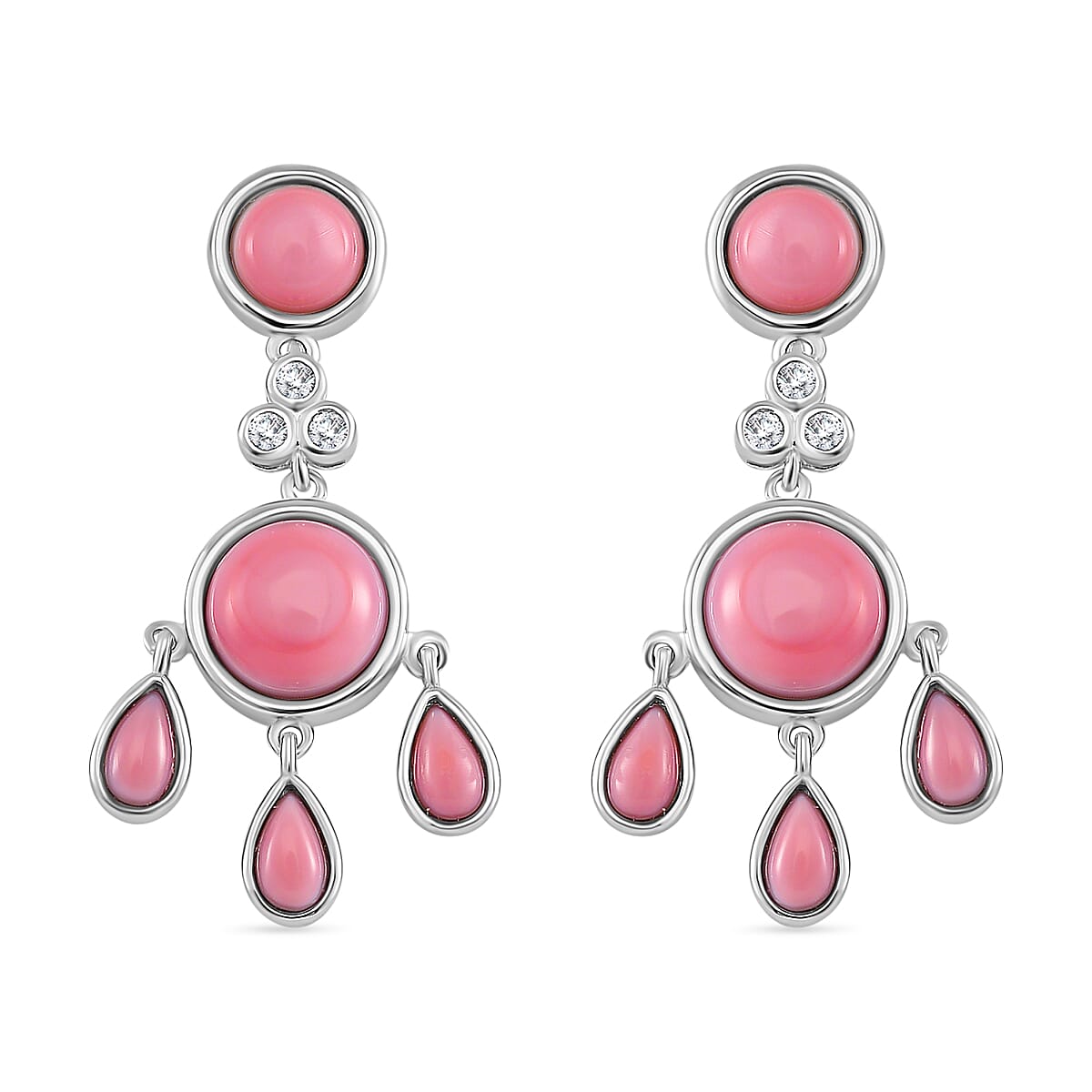 Pink Conch Shell, White Zircon Chandelier Push Post Earrings in Rhodium Overlay Sterling Silver,  Silver Wt. 6 Gms  7.940  Ct. 7803829 0