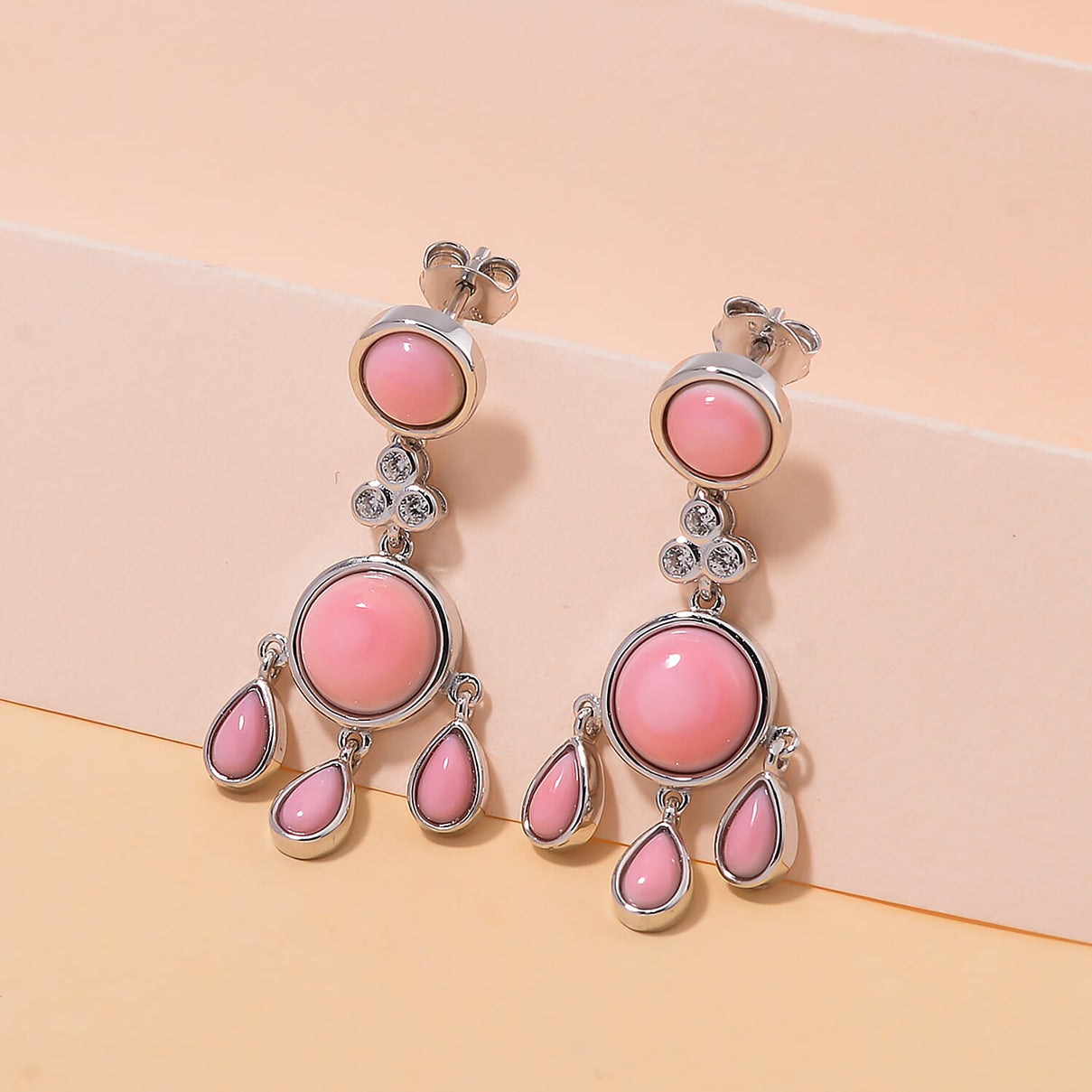 Pink Conch Shell, White Zircon Chandelier Push Post Earrings in Rhodium Overlay Sterling Silver,  Silver Wt. 6 Gms  7.940  Ct. 7803829 2