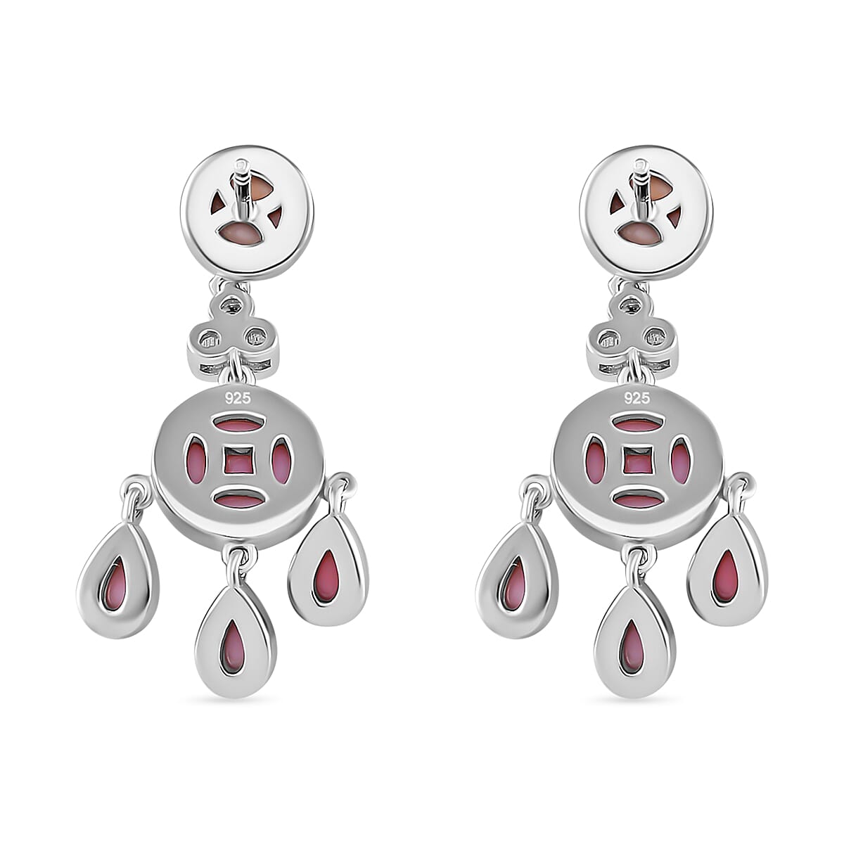 Pink Conch Shell, White Zircon Chandelier Push Post Earrings in Rhodium Overlay Sterling Silver,  Silver Wt. 6 Gms  7.940  Ct. 7803829 4