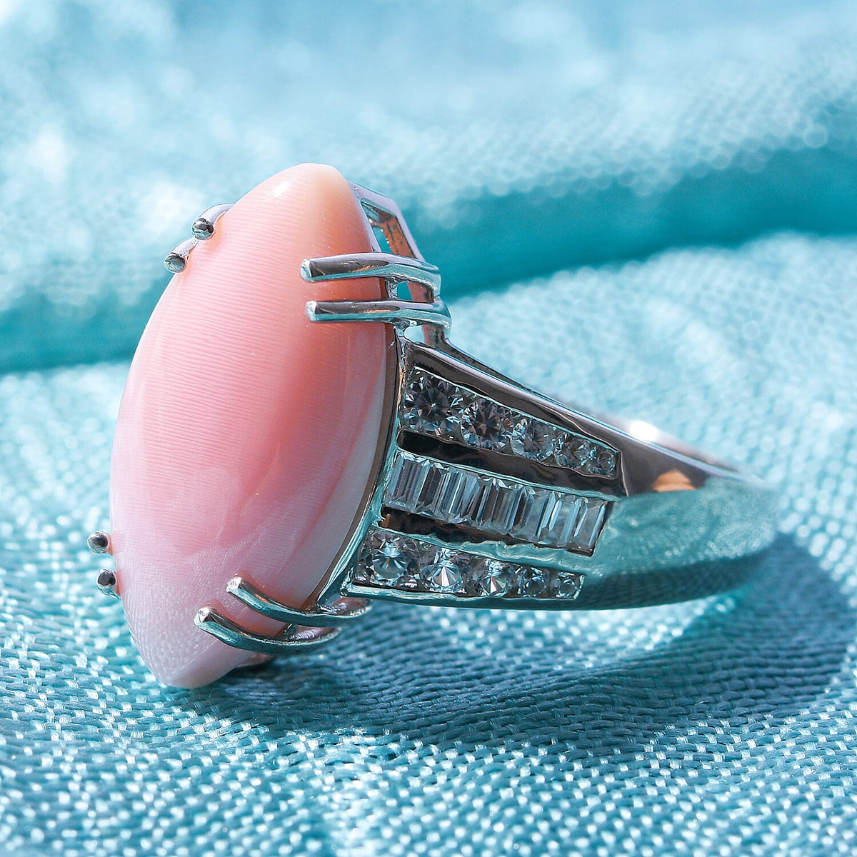 Pink Conch Shell and Natural Zircon Ring in Rhodium Overlay Sterling Silver 12.00 Ct, Silver Wt 5.00 GM 7373797 2