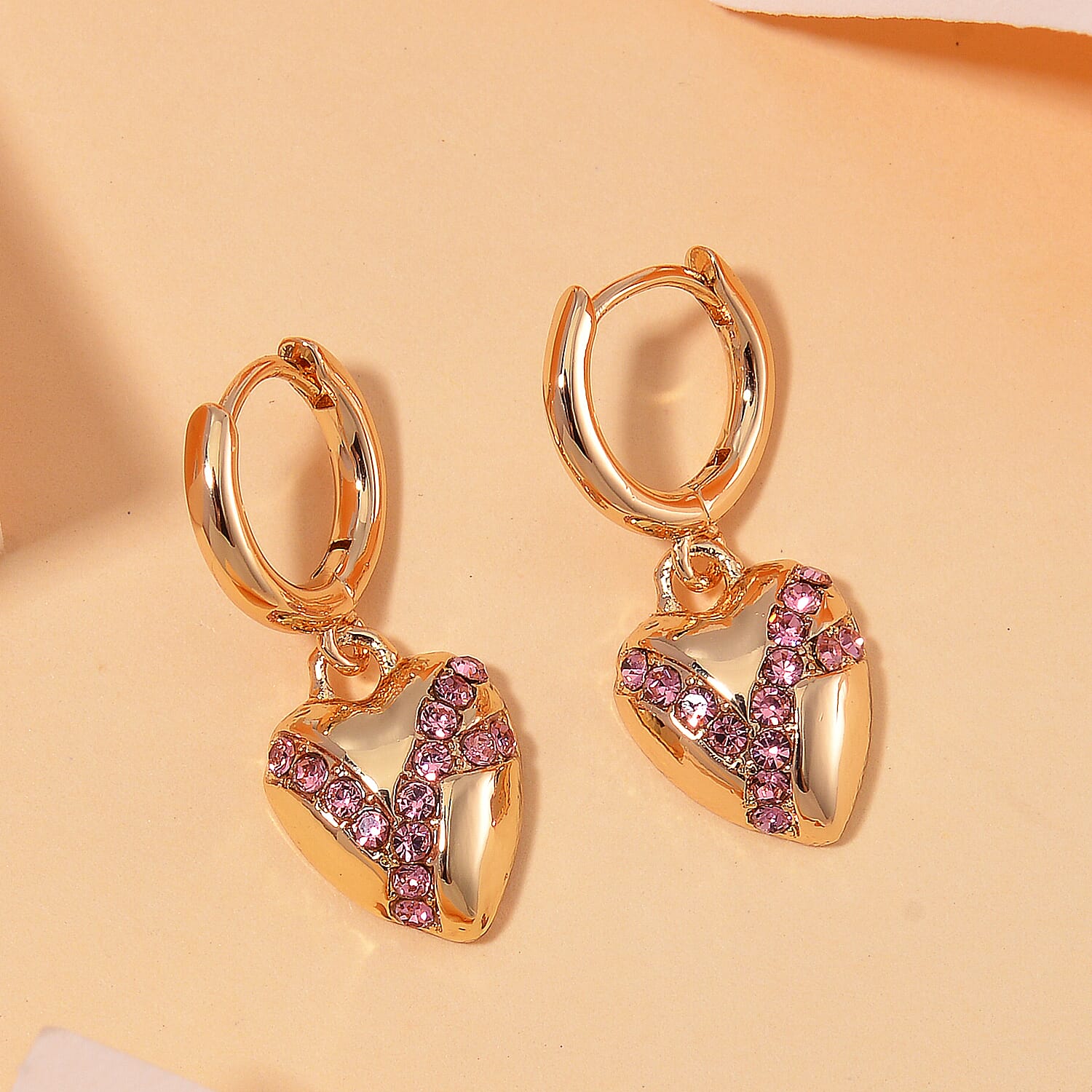 Pink Crystal Heart Earrings in Yellow Gold Tone 7851368 1