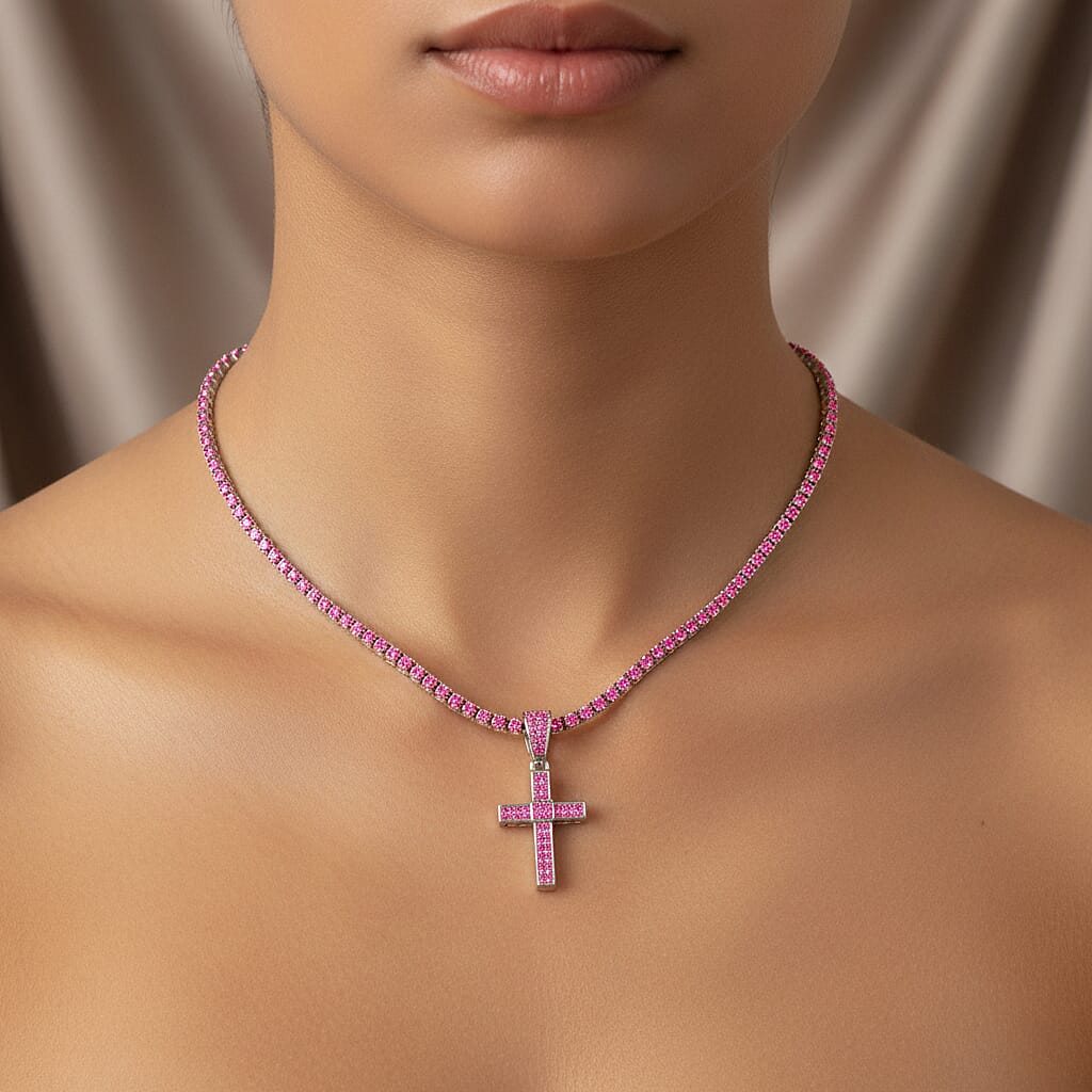 Pink Cubic Zirconia Cross Pendant with Chain (Size - 20) 20.00 Ct. 8264566 3