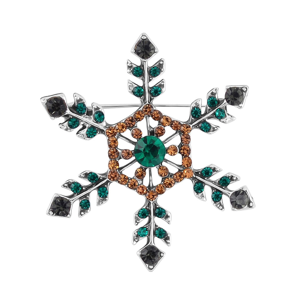 Pink & Green Austrian Crystal Studded Snowflake Brooch in Antique Silver Tone