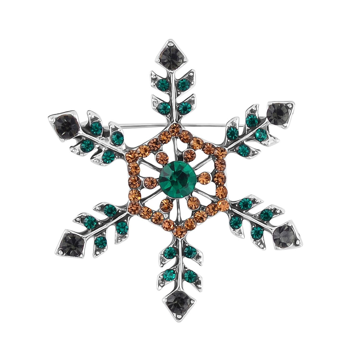 Pink &amp; Green Austrian Crystal Studded Snowflake Brooch in Antique Silver Tone 7665656 0