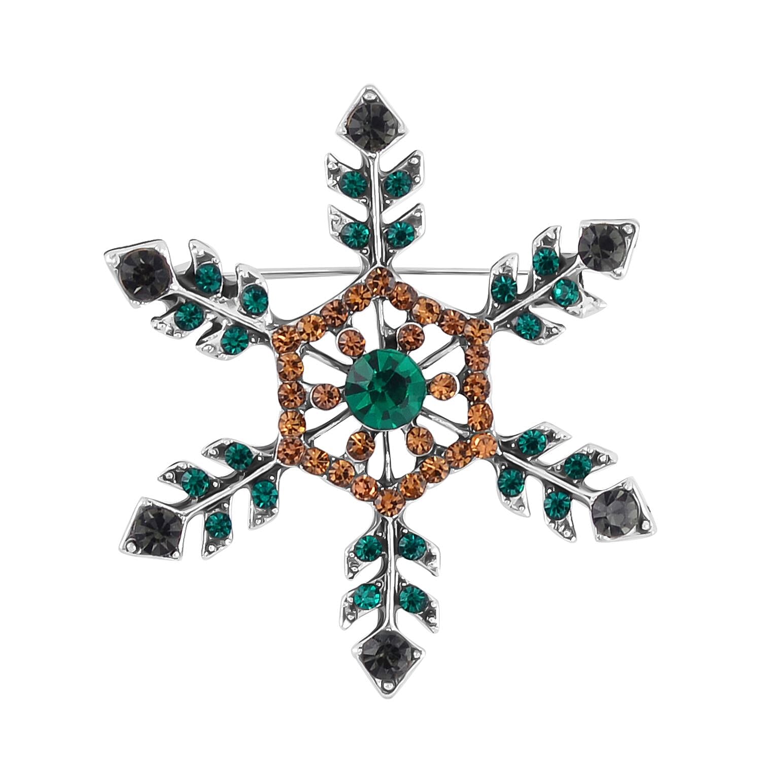 Pink &amp; Green Austrian Crystal Studded Snowflake Brooch in Antique Silver Tone 7665656 0
