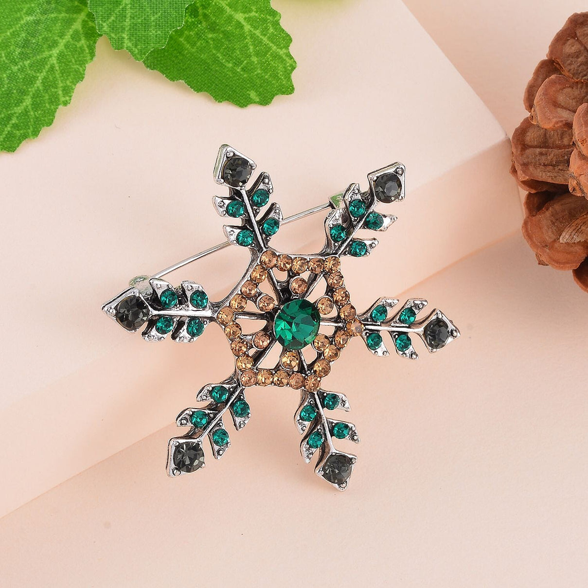 Pink &amp; Green Austrian Crystal Studded Snowflake Brooch in Antique Silver Tone 7665656 1