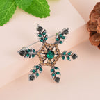 Pink & Green Austrian Crystal Studded Snowflake Brooch in Antique Silver Tone