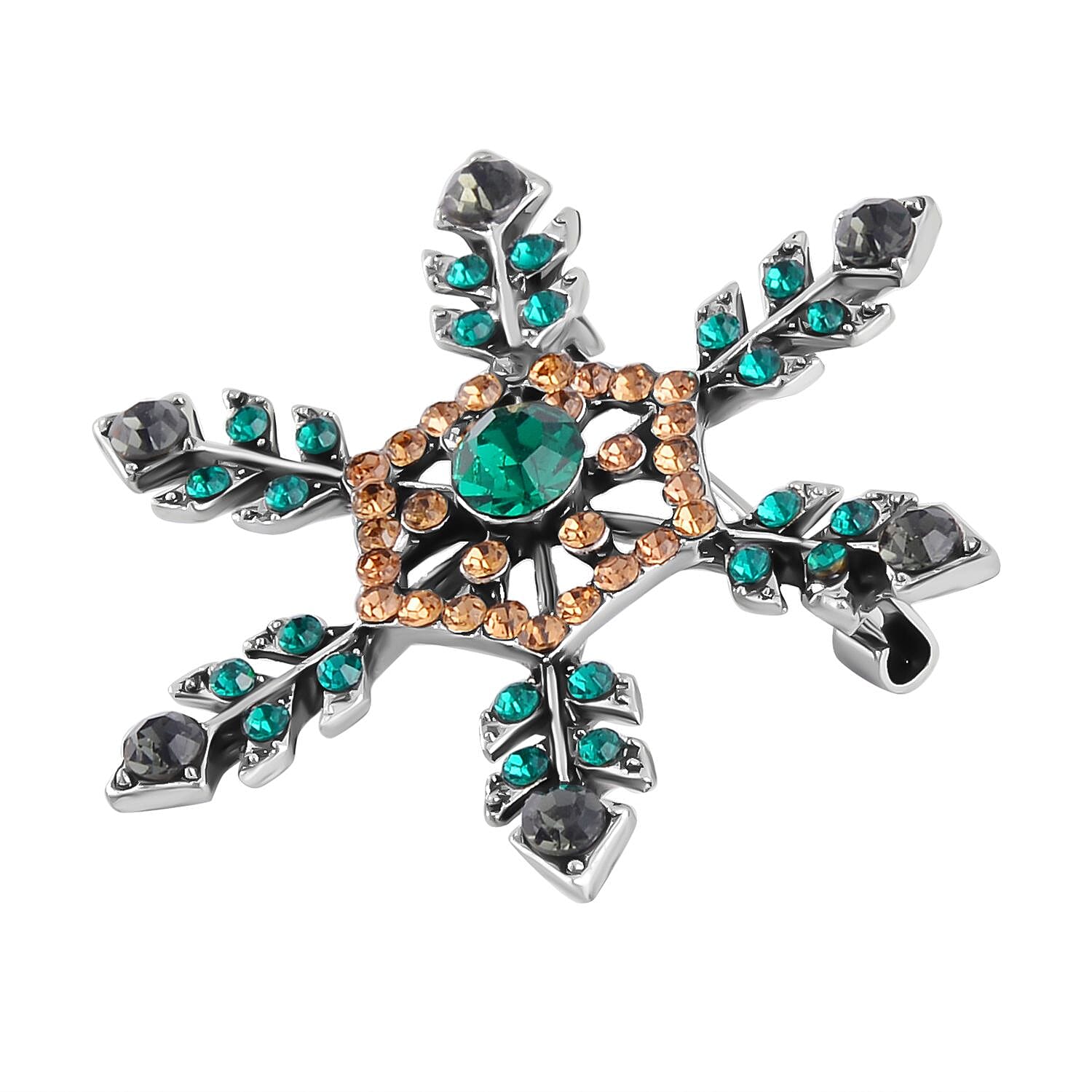 Pink &amp; Green Austrian Crystal Studded Snowflake Brooch in Antique Silver Tone 7665656 2