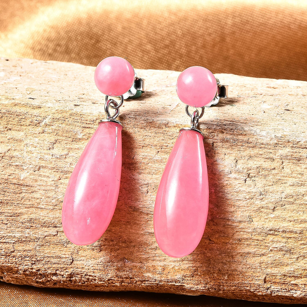 Pink Jade  Earring in Rhodium Overlay Sterling Silver 26.00 ct  26.000  Ct.