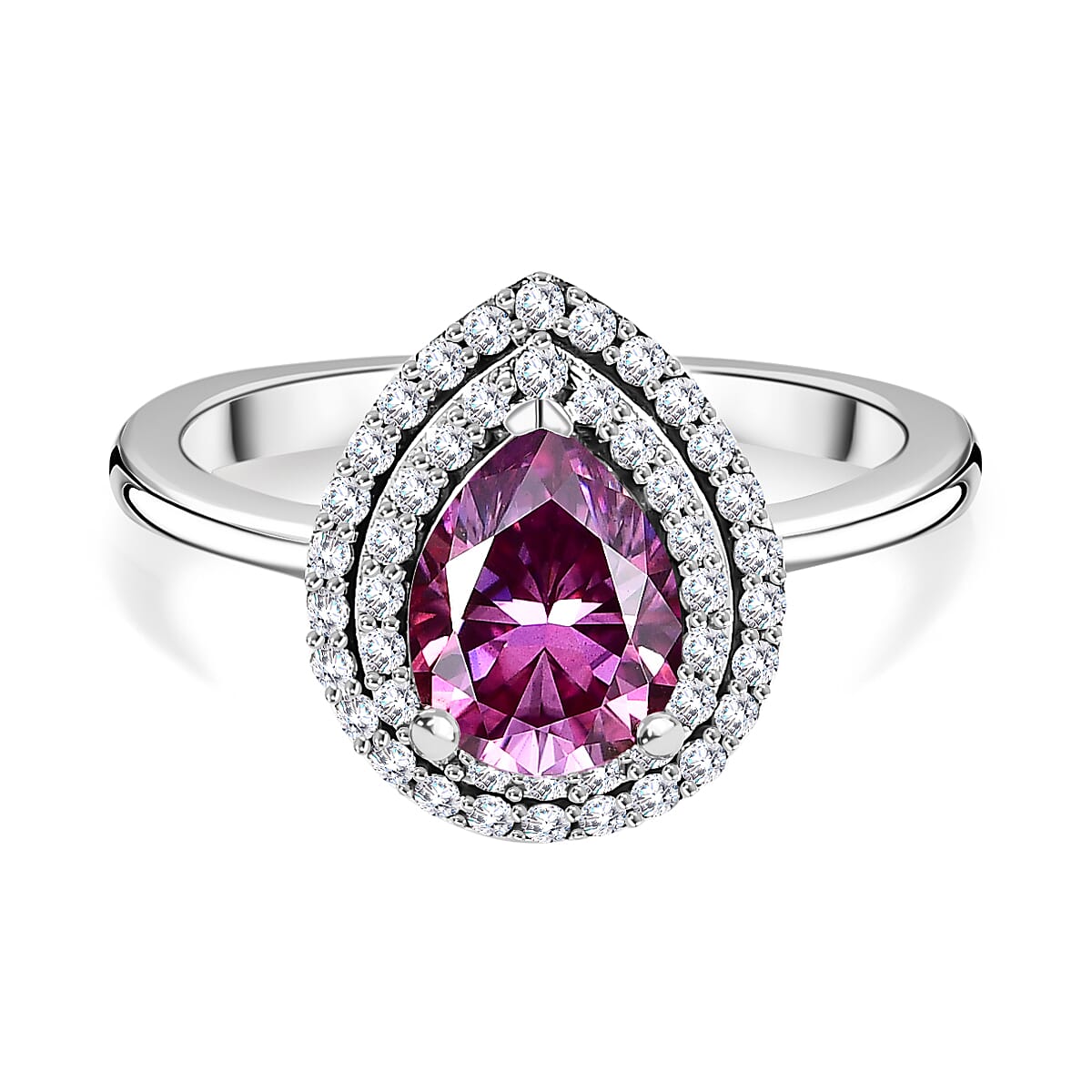 Pink Lotus Coated Moissanite, Moissanite Double Halo Ring in Platinum Overlay Sterling Silver 1.86 ct  1.576  Ct. 7761364 0
