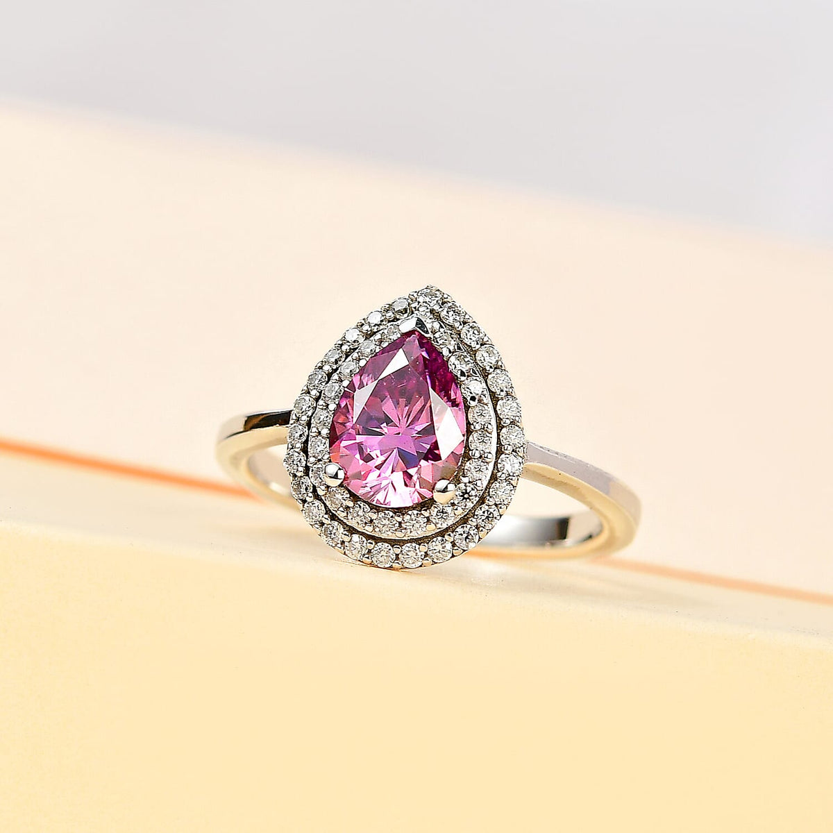 Pink Lotus Coated Moissanite, Moissanite Double Halo Ring in Platinum Overlay Sterling Silver 1.86 ct  1.576  Ct. 7761364 1