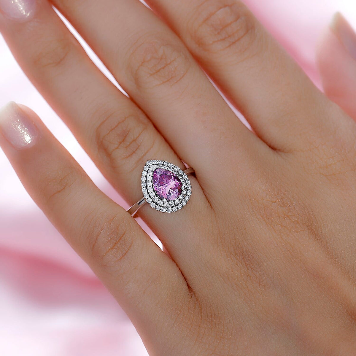 Pink Lotus Coated Moissanite, Moissanite Double Halo Ring in Platinum Overlay Sterling Silver 1.86 ct  1.576  Ct. 7761364 2