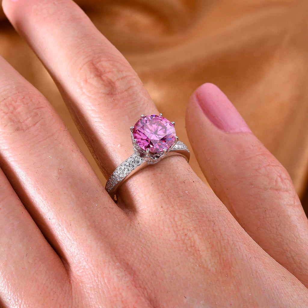 Pink Lotus & Moissanite Solitaire Ring in Rhodium Overlay Sterling Silver 2.91 Ct.
