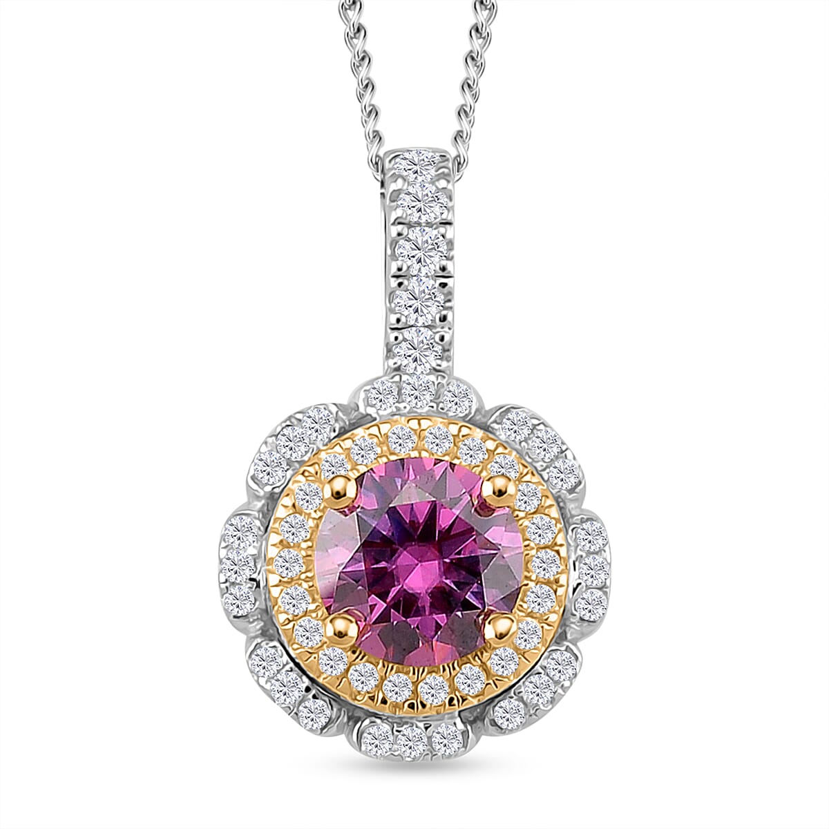 Pink &amp; White Moissanite Pendant with Chain (Size 18) in Rhodium Overlay &amp; Vermeil Yellow Gold Plated Sterling Silver 1.25 Ct. 4375680 0