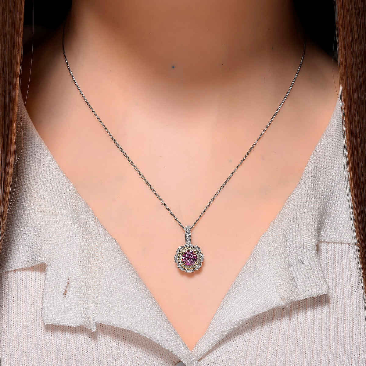 Pink &amp; White Moissanite Pendant with Chain (Size 18) in Rhodium Overlay &amp; Vermeil Yellow Gold Plated Sterling Silver 1.25 Ct. 4375680 2