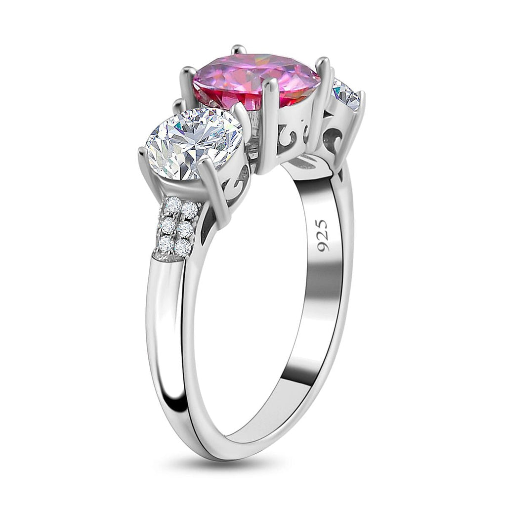 Pink Moissanite  Main Stone With Side Stone Ring  Sterling Silver 3.48 ct  3.480  Ct.