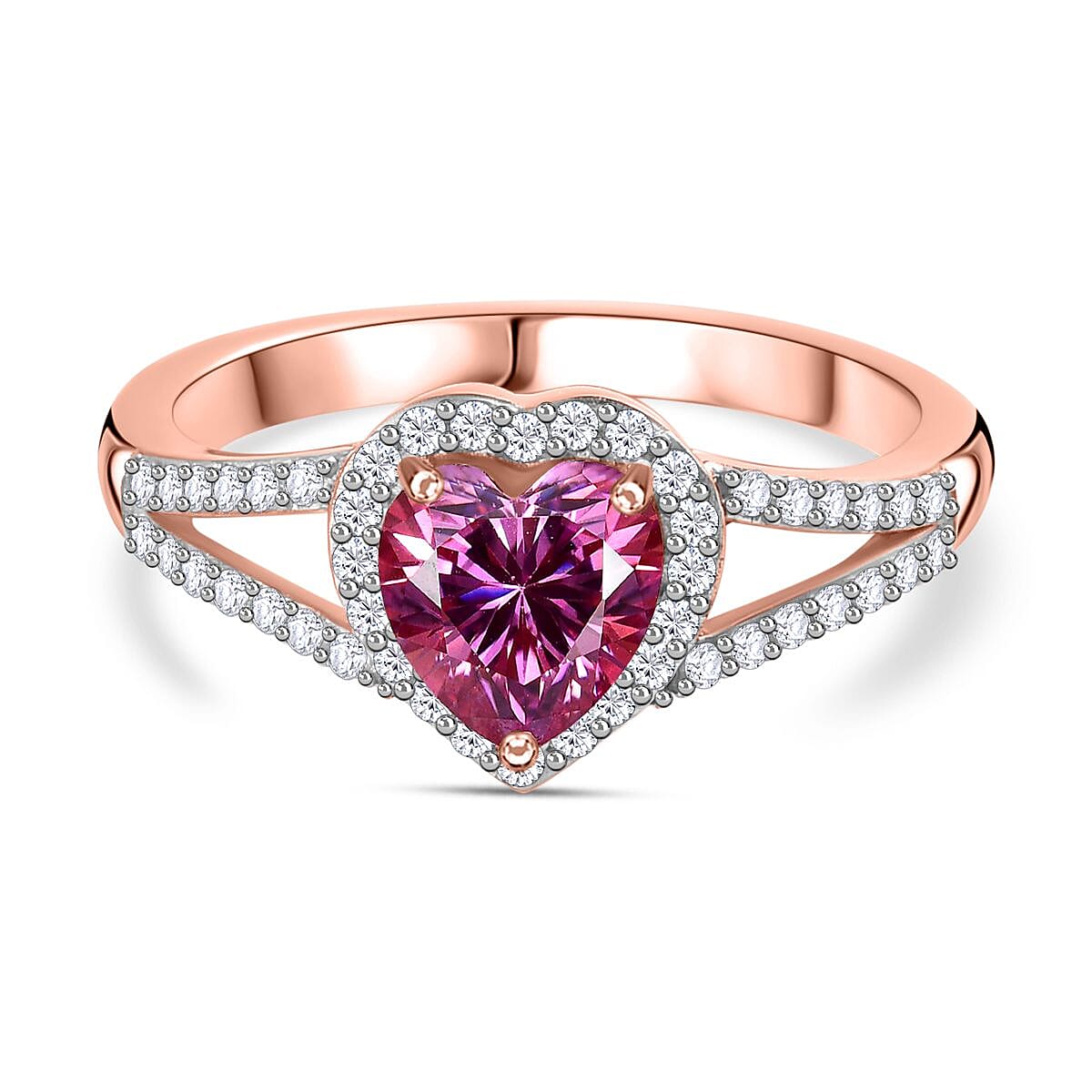 Pink &amp; White Moissanite Heart Ring in 18K Rose Gold Vermeil Plated Sterling Silver 1.30 Ct. 7712325 0