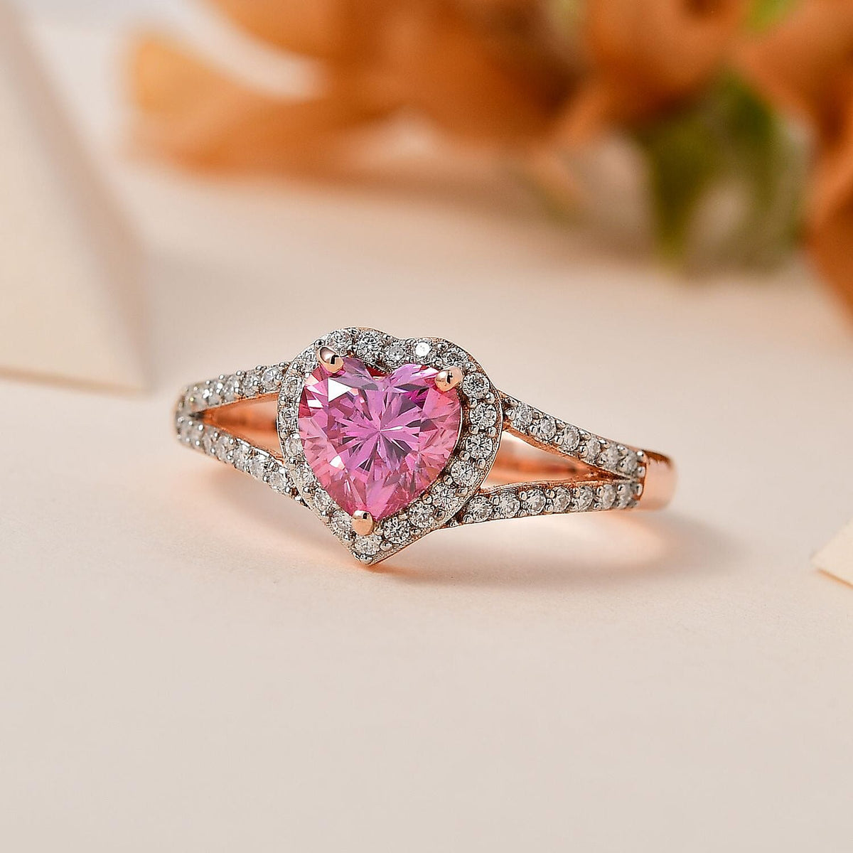 Pink &amp; White Moissanite Heart Ring in 18K Rose Gold Vermeil Plated Sterling Silver 1.30 Ct. 7712325 1