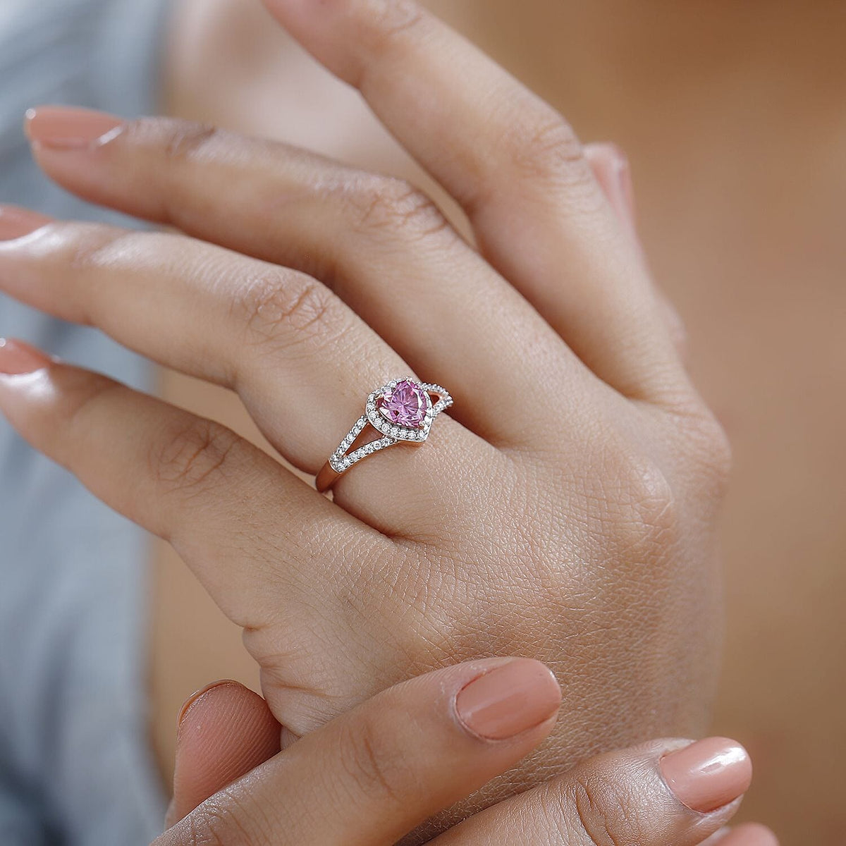 Pink &amp; White Moissanite Heart Ring in 18K Rose Gold Vermeil Plated Sterling Silver 1.30 Ct. 7712325 2