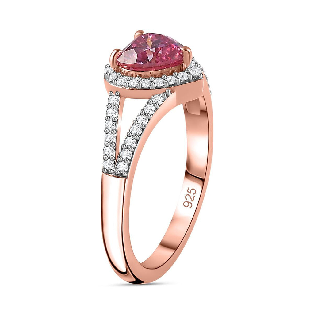 Pink & White Moissanite Heart Ring in 18K Rose Gold Vermeil Plated Sterling Silver 1.30 Ct.
