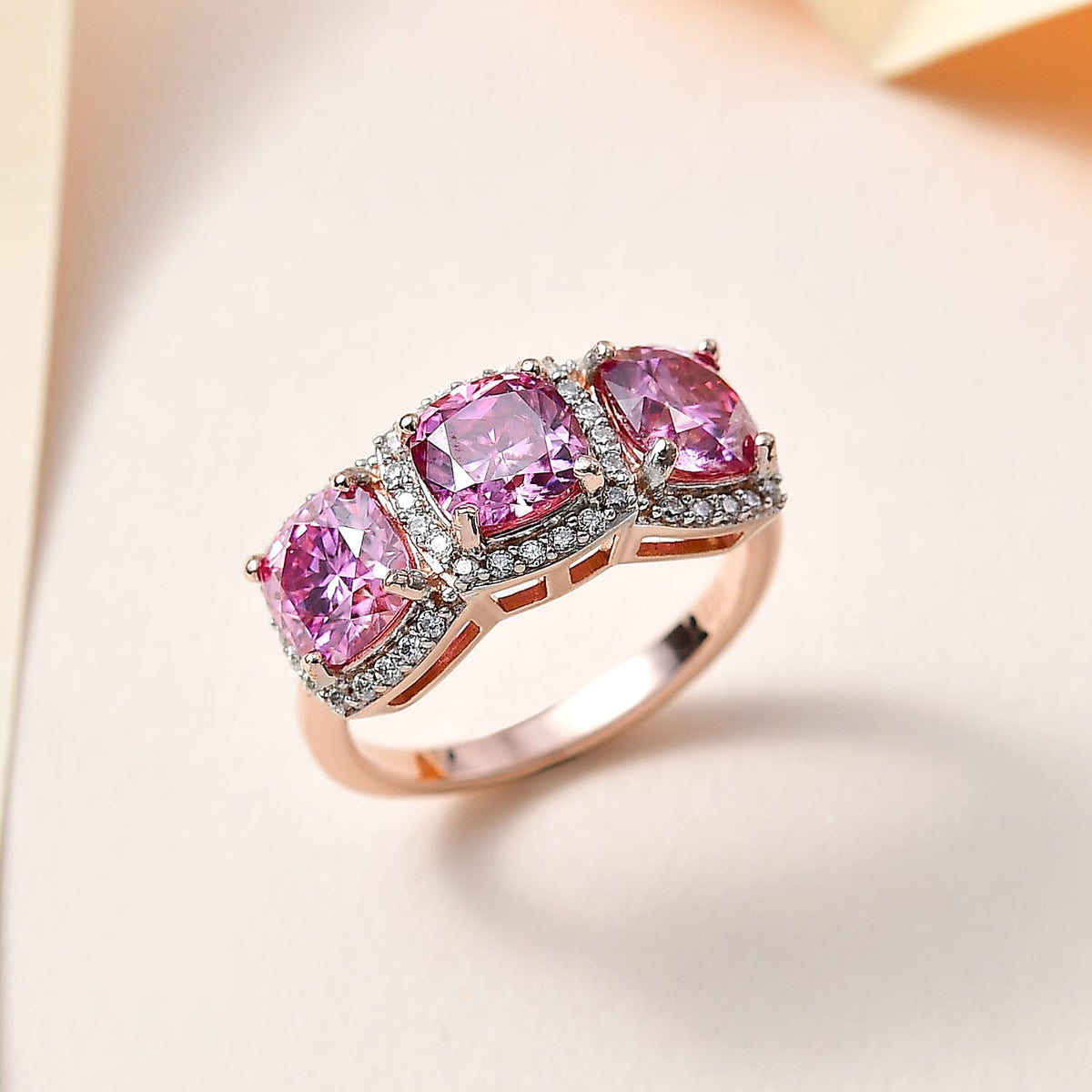 Pink &amp; White Moissanite Trilogy Halo Ring in 18K Vermeil Rose Gold Plated Sterling Silver 3.45 Ct. 7721640 1