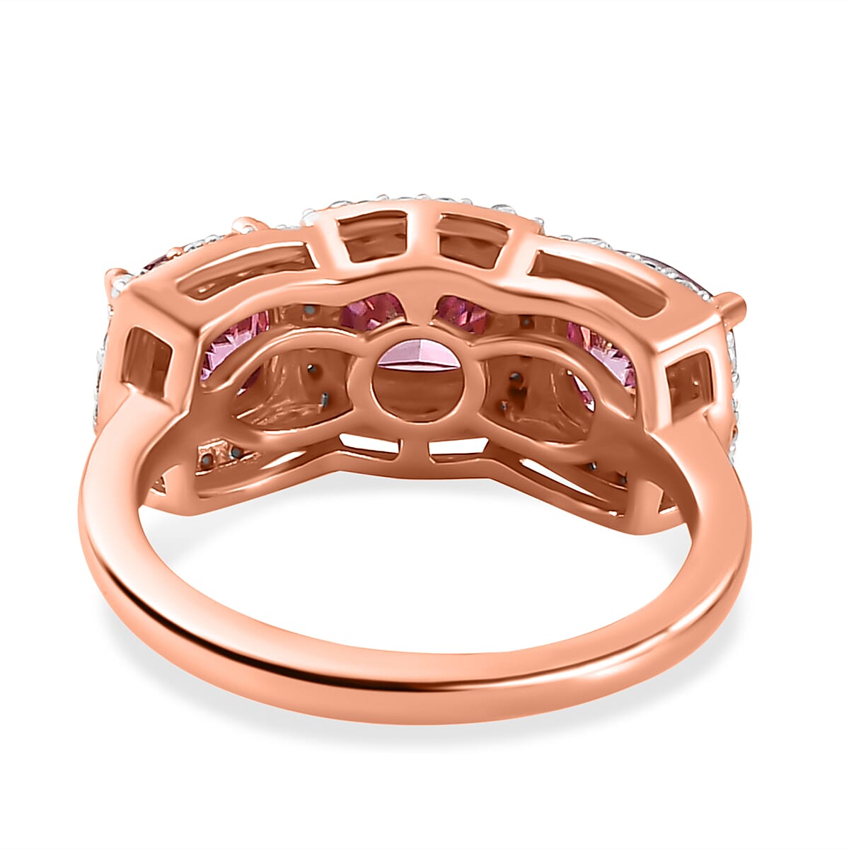 Pink &amp; White Moissanite Trilogy Halo Ring in 18K Vermeil Rose Gold Plated Sterling Silver 3.45 Ct. 7721640 4