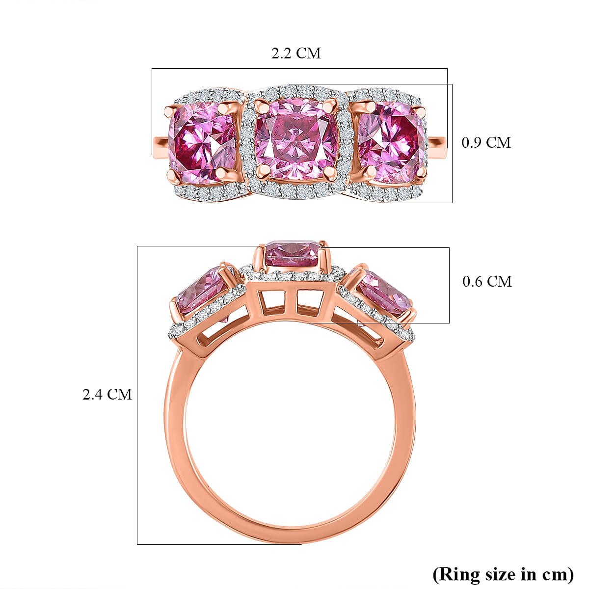 Pink &amp; White Moissanite Trilogy Halo Ring in 18K Vermeil Rose Gold Plated Sterling Silver 3.45 Ct. 7721640 5