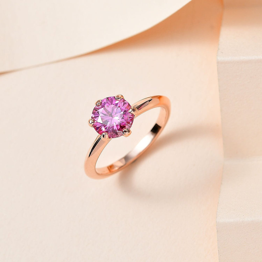 Pink Moissanite Solitaire Ring in 18K Vermeil Rose Gold Plated Sterling Silver 1.46 Ct.