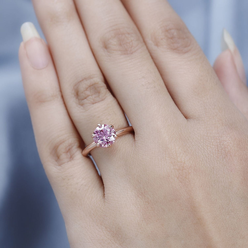 Pink Moissanite Solitaire Ring in 18K Vermeil Rose Gold Plated Sterling Silver 1.46 Ct.