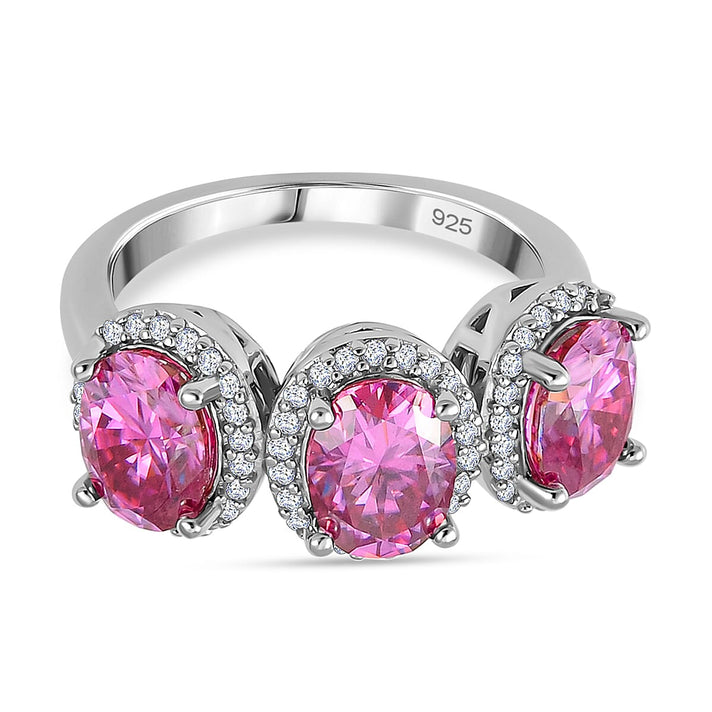 4.4 Ct. Pink Moissanite Halo, Trilogy Ring in Rhodium Sterling Silver 7752231 1