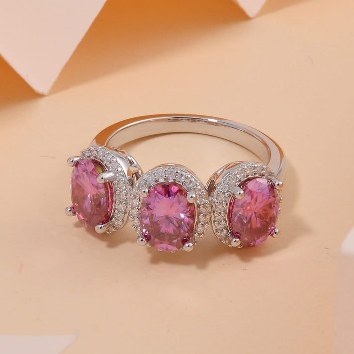 4.4 Ct. Pink Moissanite Halo, Trilogy Ring in Rhodium Sterling Silver 7752231 2