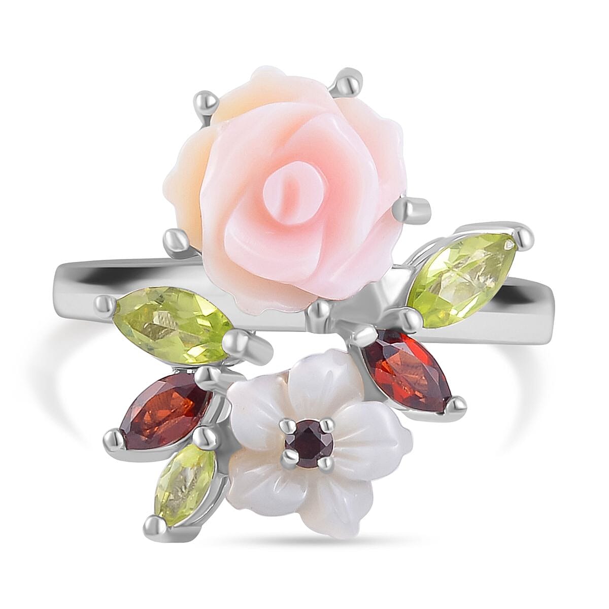 Pink Mother Of Pearl &amp; Multi Gemstone Floral Ring in Rhodium Overlay Sterling Silver 4.58 Ct. 7592004 0