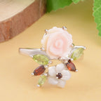 Pink Mother Of Pearl & Multi Gemstone Floral Ring in Rhodium Overlay Sterling Silver 4.58 Ct.