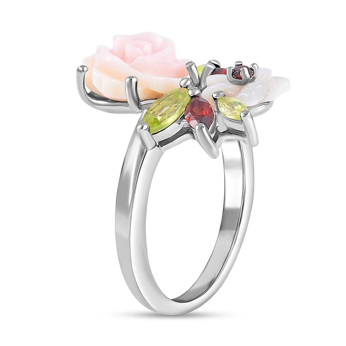 Pink Mother Of Pearl &amp; Multi Gemstone Floral Ring in Rhodium Overlay Sterling Silver 4.58 Ct. 7592004 3