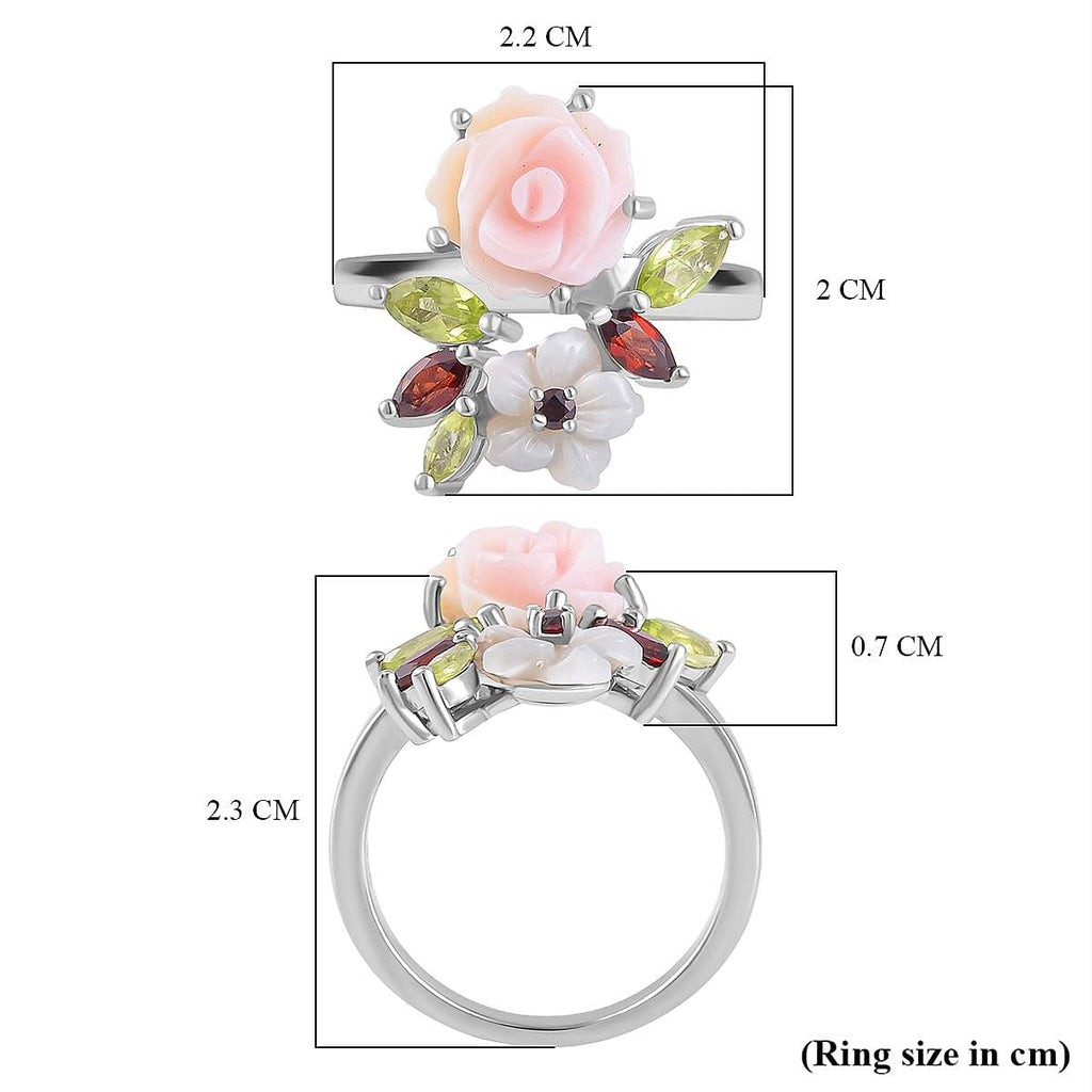 Pink Mother Of Pearl & Multi Gemstone Floral Ring in Rhodium Overlay Sterling Silver 4.58 Ct.